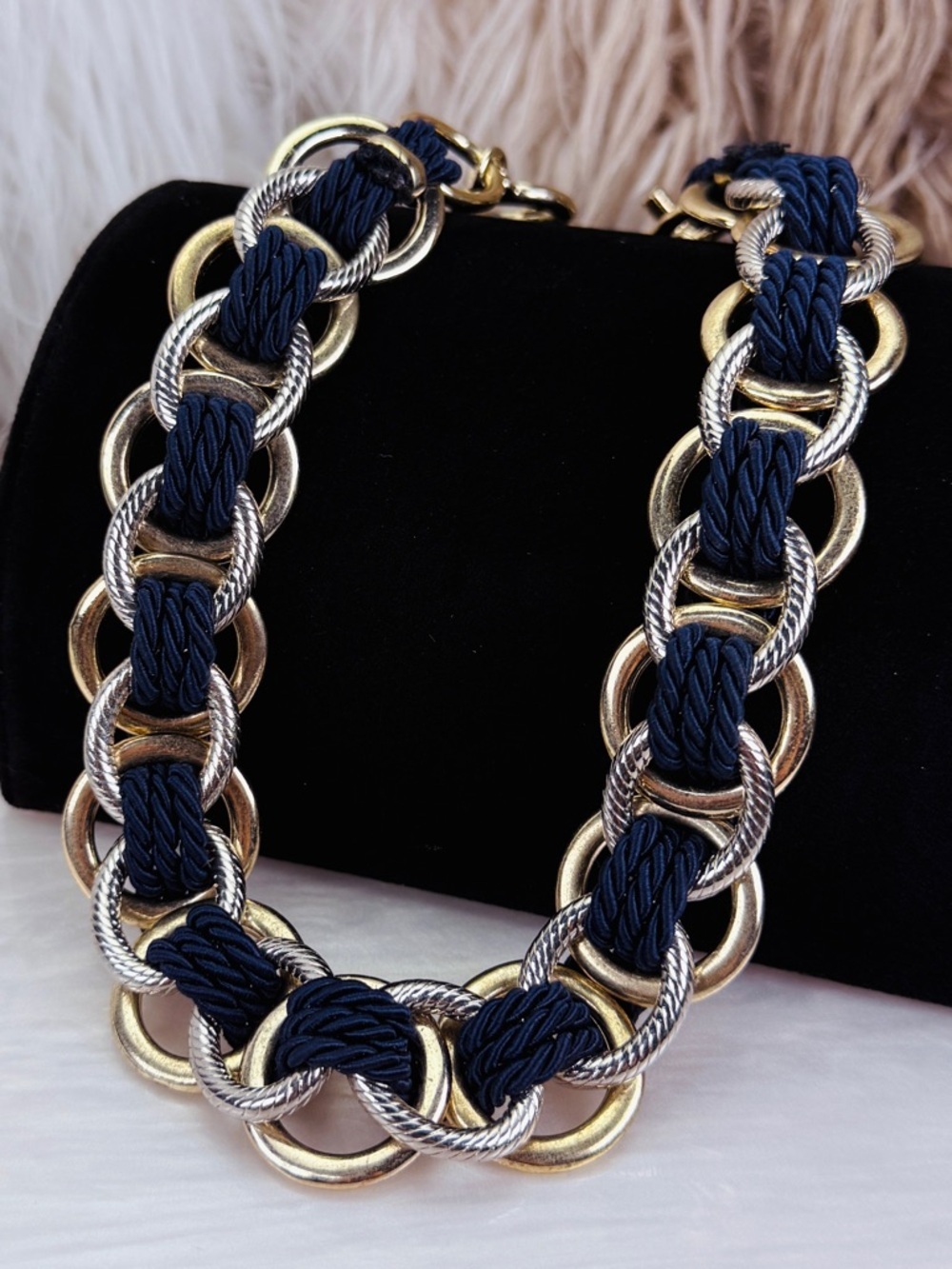 Vintage Navy Ribboned Link Statement Necklace with Goldtone Silvertone Rings